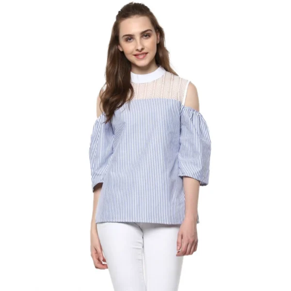 Blue Cotton Striped Cold Shoulder Top