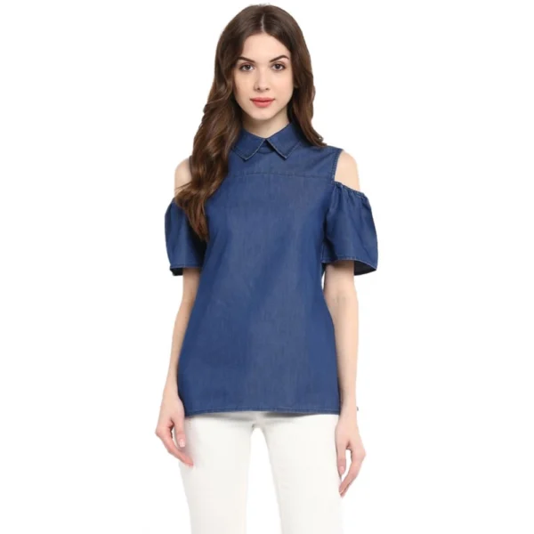 Blue Denim Cold Shoulder Top