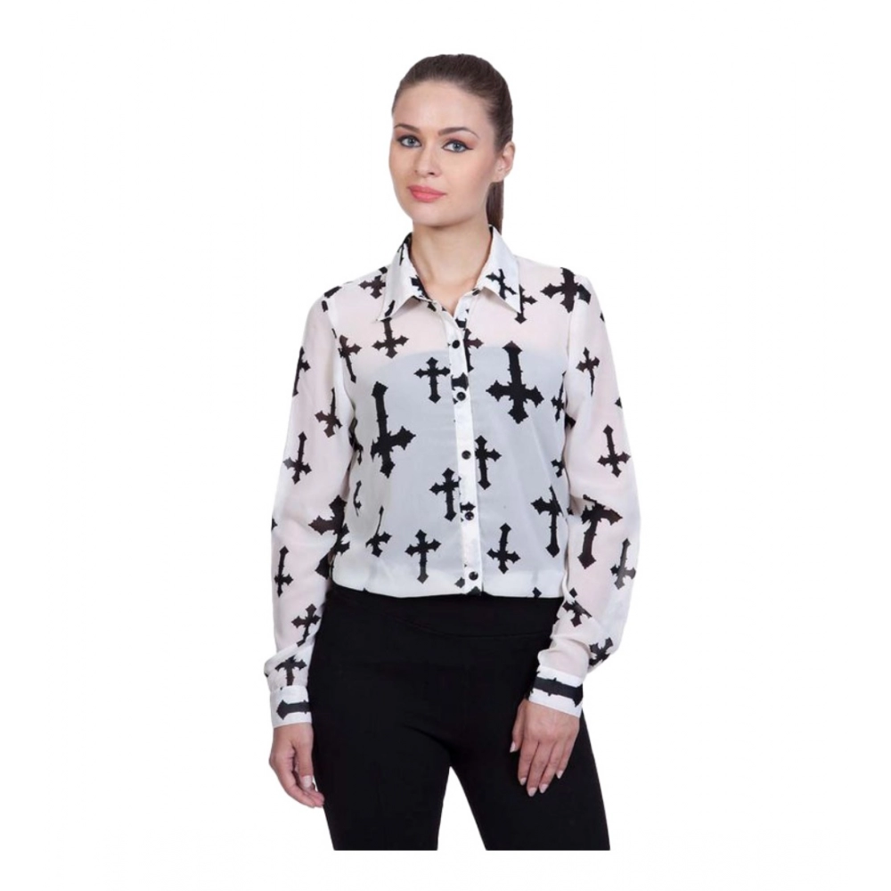 White Polyester Printed Long Sleeve Shirt
