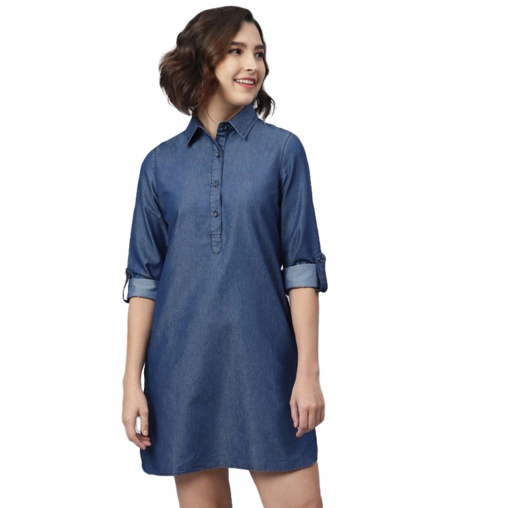 Navy Blue Denim Long Sleeve Above Knee Dress for Women