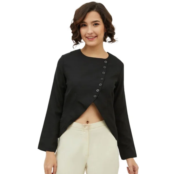 Black Polyester Asymmetrical Long Sleeves Top for Women