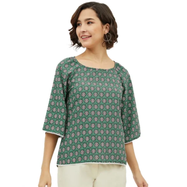 Green Polyester Printed 3/4th Sleeves Top for Women