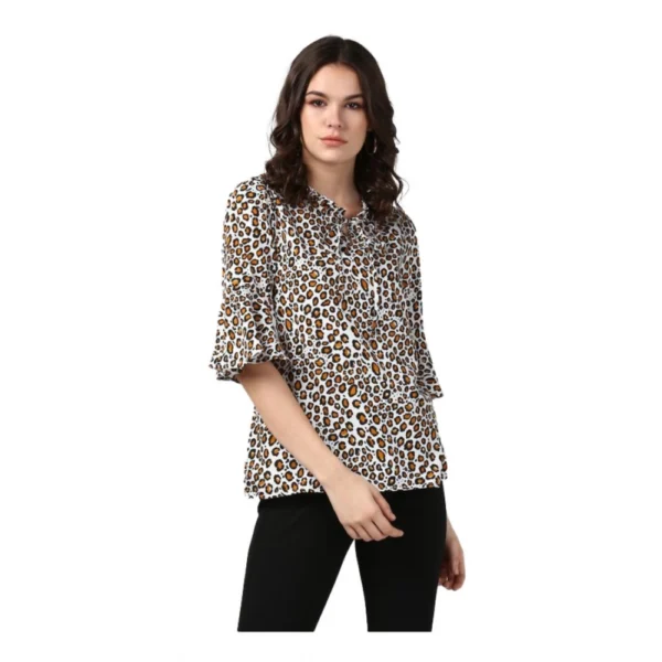Orange Black Animal Print Bell Sleeve Polyester Top for Women