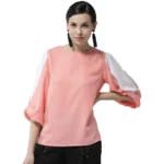 Pink Colour Block Slit Sleeve Polyester Top for Women