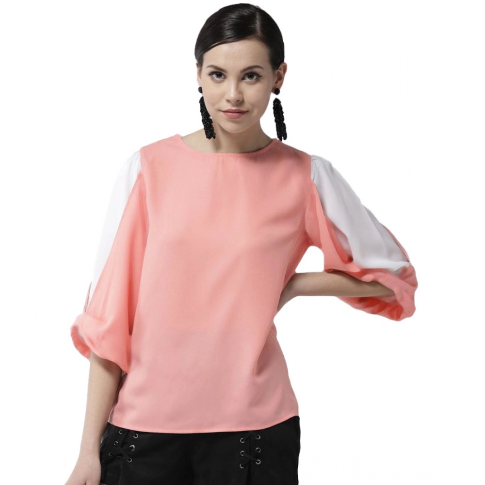 Pink Colour Block Slit Sleeve Polyester Top for Women
