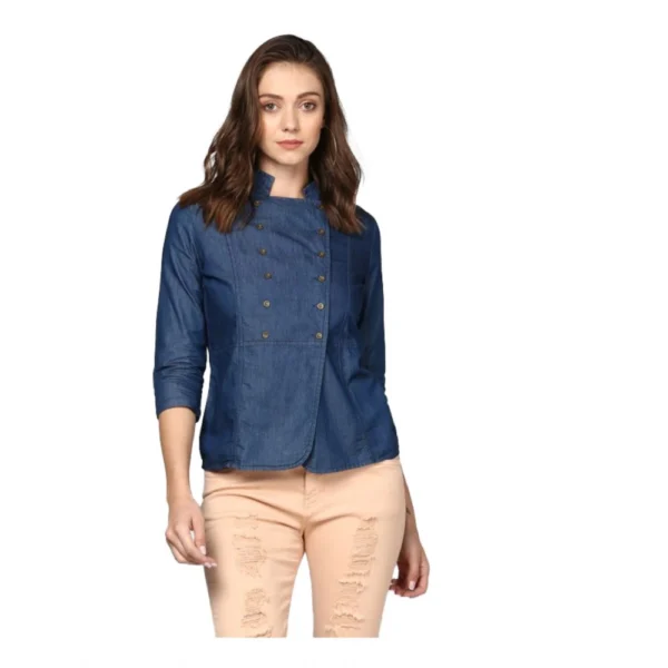 Blue Solid Denim 3/4 Sleeve Top for Women