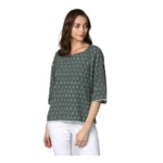 Green Printed 3/4 Sleeve Polyester Top for Women