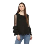 Black Polyester Tier Sleeve Top for Women