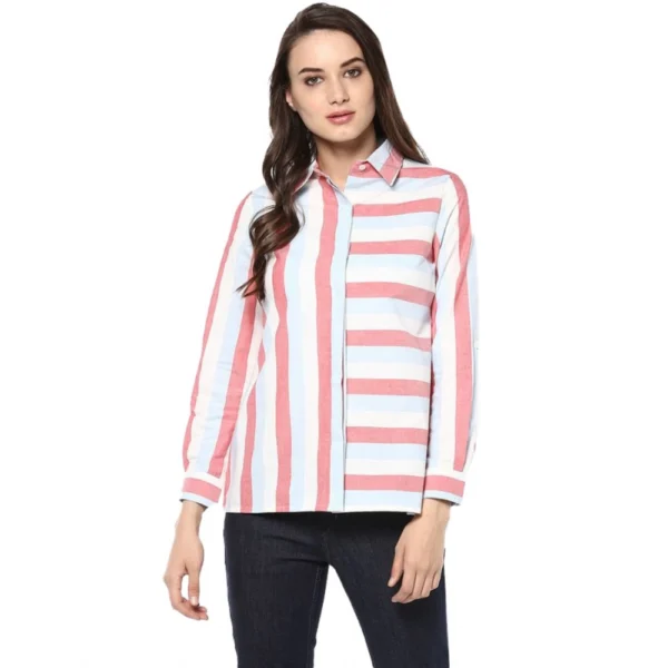 Red Cotton Striped Roll Up Sleeve Top