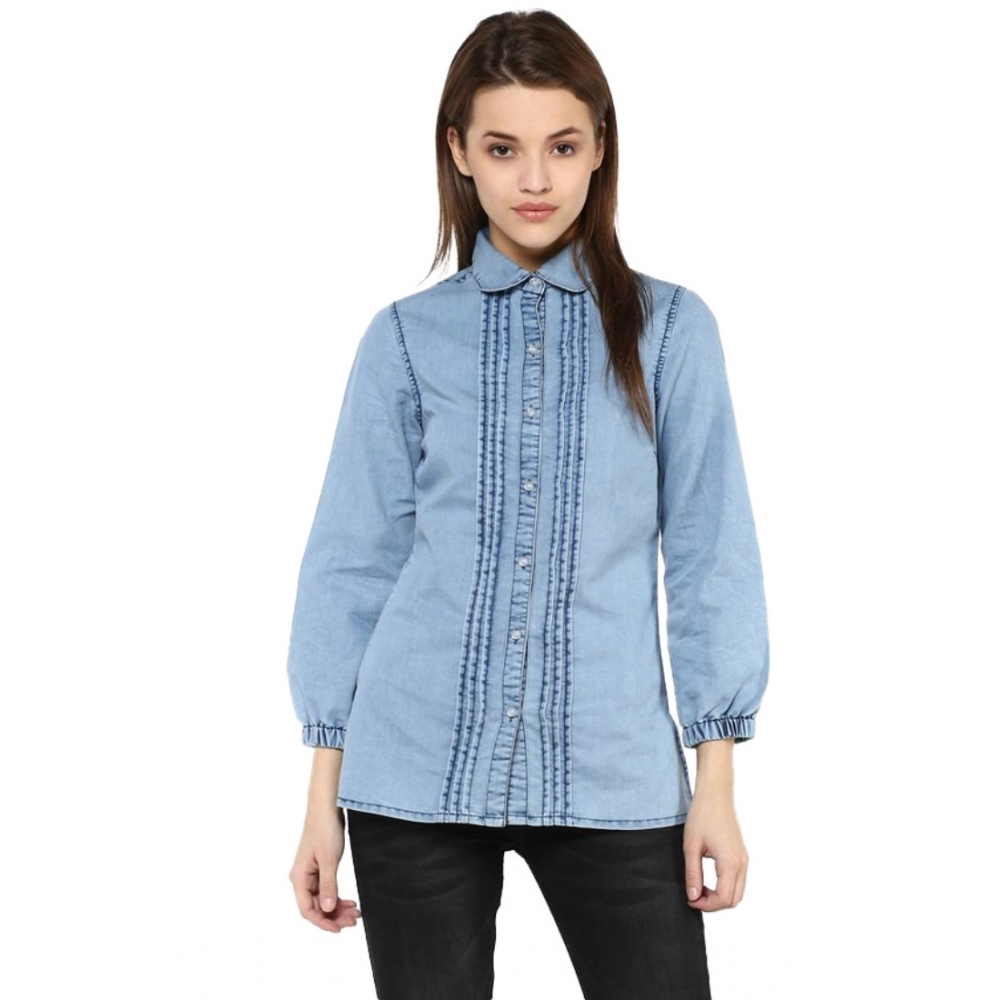 Blue Solid Denim Shirt for Women