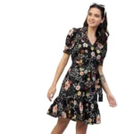 Generic Women's Polyester Floral Short Sleeve Above Knee Dress (Black)
