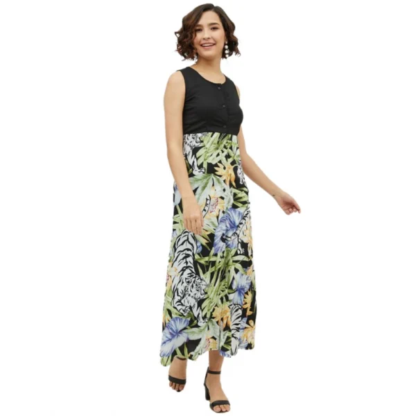 Multicolor Floral Sleeveless Calf-length Rayon Dress