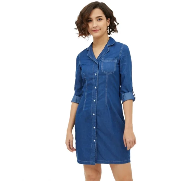 Blue Denim Long Sleeve Dress for Women