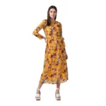 Yellow Floral Long Sleeve Calf-length Dress