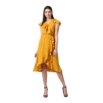 Yellow Ruffled Cap Sleeve Knee-Length Dress