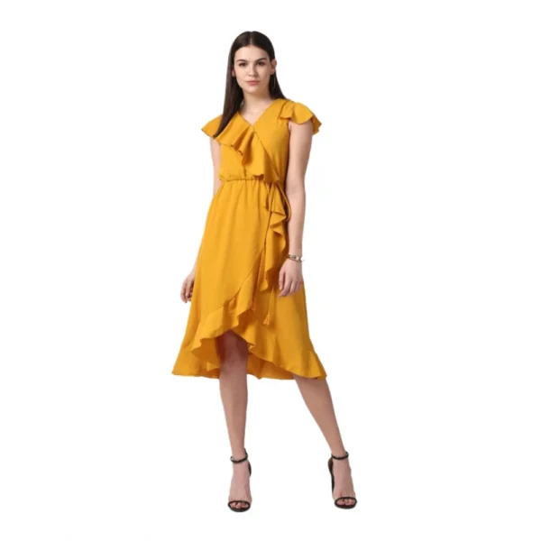 Yellow Ruffled Cap Sleeve Knee-Length Dress
