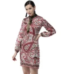 Red Printed Long Sleeve Above Knee Dress