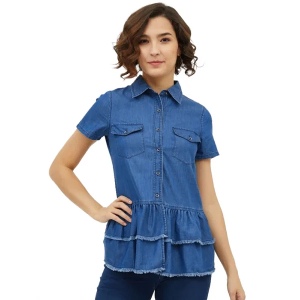 Blue Denim Peplum Short Sleeve Top for Women