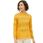 Yellow Cotton Lace Inserts Long Sleeves Top for Women