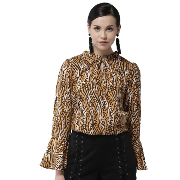 Orange Black Printed Bell Sleeve Polyester Top for Women