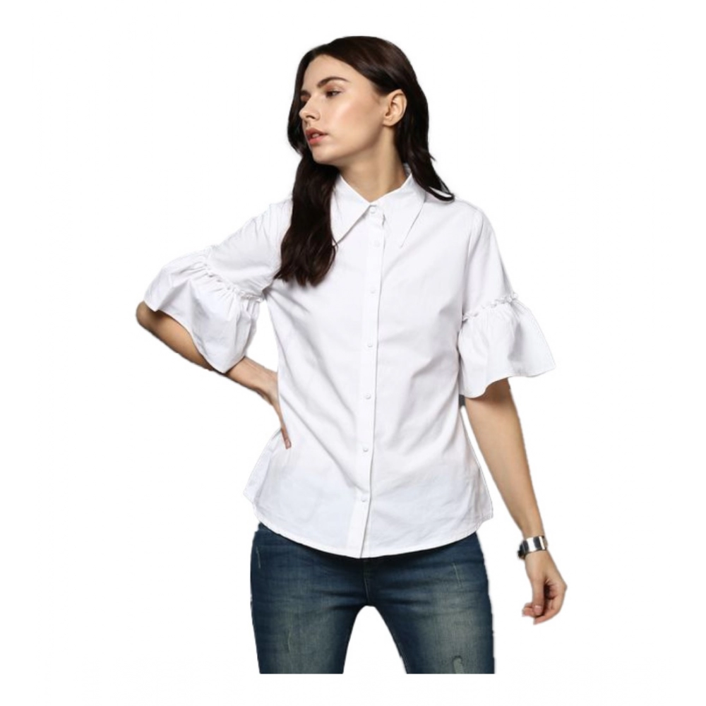 White Solid Cotton Bell Sleeve Top for Women