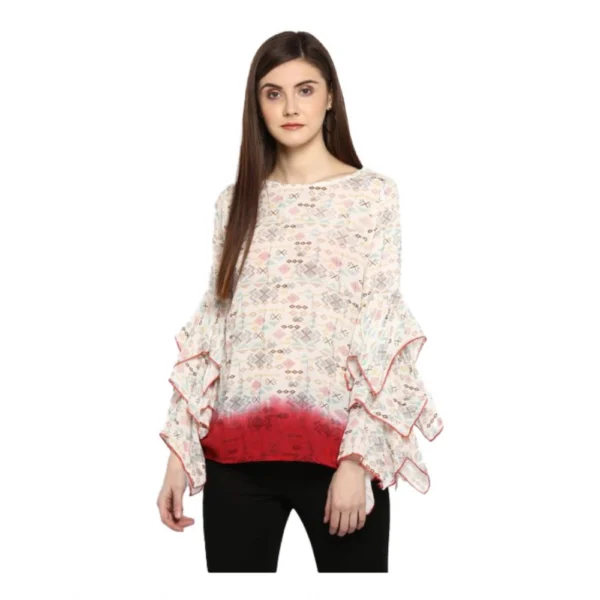Off White Red Rayon Crepe Ruffle Sleeve Top