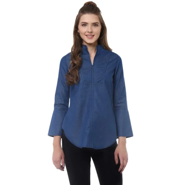 Blue Denim Solid Bell Sleeve Top for Women