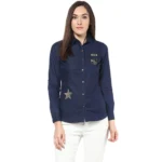 Generic Women's Denim Patch Work Long Sleeves Standard Length Shirt (Blue)