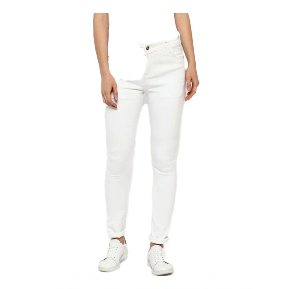 White Denim Buttoned Jeans for Women