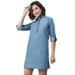 Ice Blue Denim Long Sleeve Above Knee Dress for Women