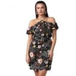 Black Floral Cold Shoulder Above Knee Dress