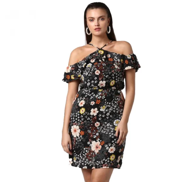 Black Floral Cold Shoulder Above Knee Dress