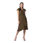 Olive Ruffled Cap Sleeve Knee-Length Dress