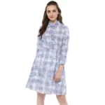 Blue Cotton Checkered Roll-Up Sleeve Mini Dress