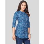 Generic Women's Cotton Blend Mandarin Collar 3/4 Sleeves Short Top (Blue) - Image 5