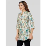 Generic Women's Cotton Blend Mandarin Collar 3/4 Sleeves Short Top (OffWhite-Blue) - Image 2