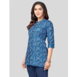 Generic Women's Cotton Blend Mandarin Collar 3/4 Sleeves Short Top (Blue) - Image 2