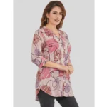 Generic Women's Rayon Mandarin Collar 3/4 Sleeves Short Top (Pink) - Image 2