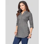 Generic Women's Cotton Blend Mandarin Collar 3/4 Sleeves Short Top (Black) - Image 2