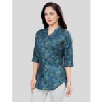 Generic Women's Cotton Blend Mandarin Collar 3/4 Sleeves Short Top (Blue) - Image 2