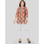 Generic Women's Cotton Blend Mandarin Collar 3/4 Sleeves Short Top (Multicolor) - Image 2