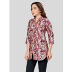 Generic Women's Cotton Blend Mandarin Collar 3/4 Sleeves Short Top (Burgundy) - Image 2