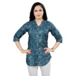Generic Women's Cotton Blend Mandarin Collar 3/4 Sleeves Short Top (Blue)