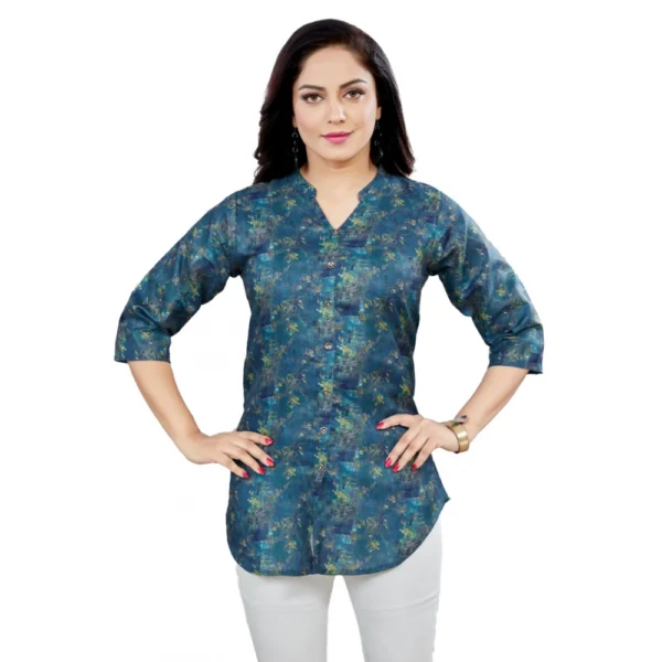 Generic Women's Cotton Blend Mandarin Collar 3/4 Sleeves Short Top (Blue)