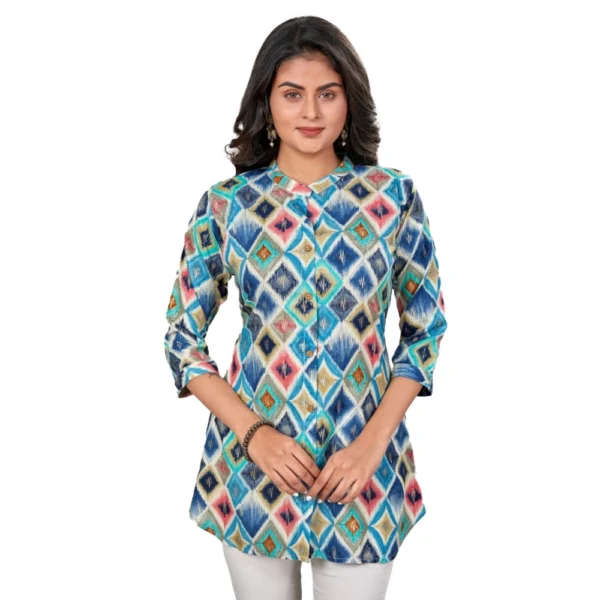 Generic Women's Rayon Collared Neck 3/4 Sleeves Short Top (Multicolor)