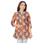 Generic Women's Cotton Blend Mandarin Collar 3/4 Sleeves Short Top (Multicolor)