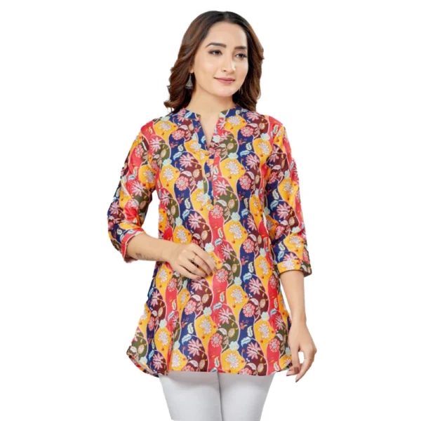 Generic Women's Cotton Blend Mandarin Collar 3/4 Sleeves Short Top (Multicolor)