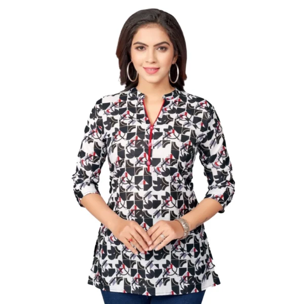 Generic Women's Cotton Blend Mandarin Collar 3/4 Sleeves Short Top (Black-White)