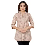 Generic Women's Cotton Blend Collared Neck 3/4 Sleeves Short Top (Cream-Red)