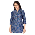 Generic Women's Cotton Blend Mandarin Collar 3/4 Sleeves Short Top (Blue)
